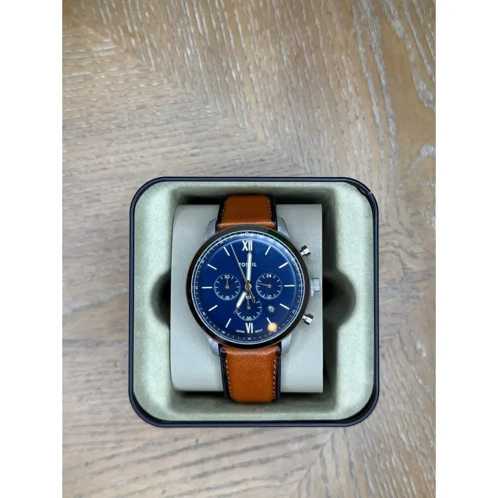 Fossil Chronograph Watch Blue Dial Brown Leather Strap Men’s Stainless Steel